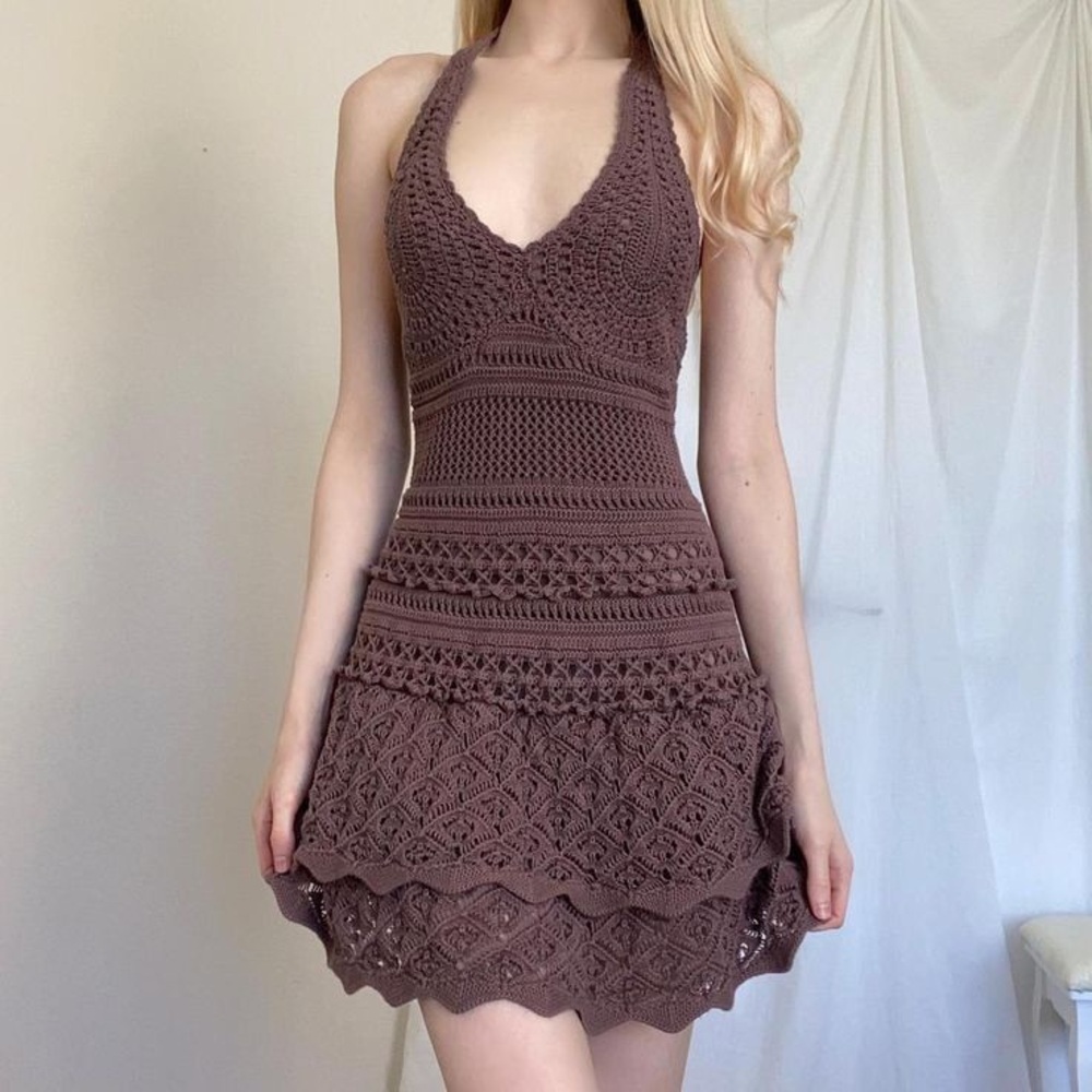 Moda International Brown Crochet Halter Mini Dress